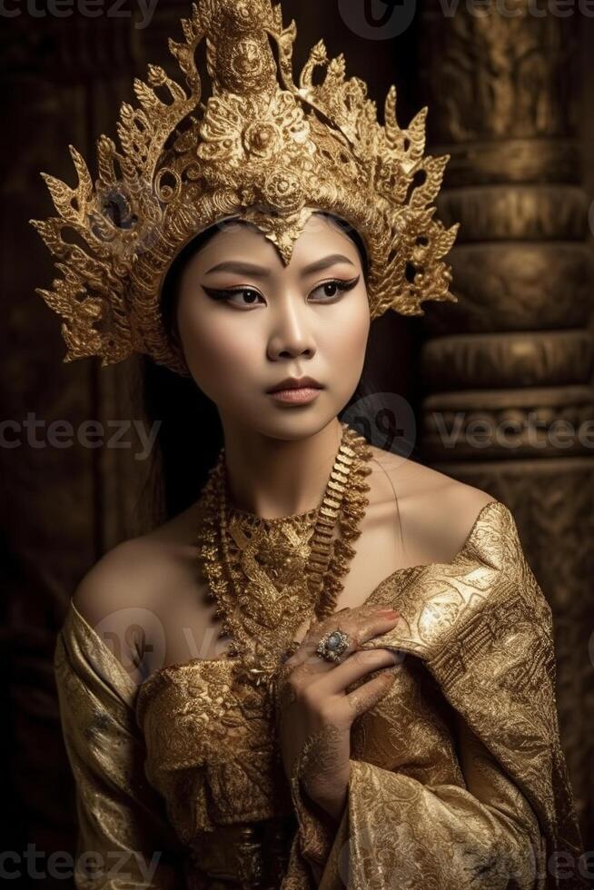 ai generado retrato de asiático mujer en un dorado túnica foto