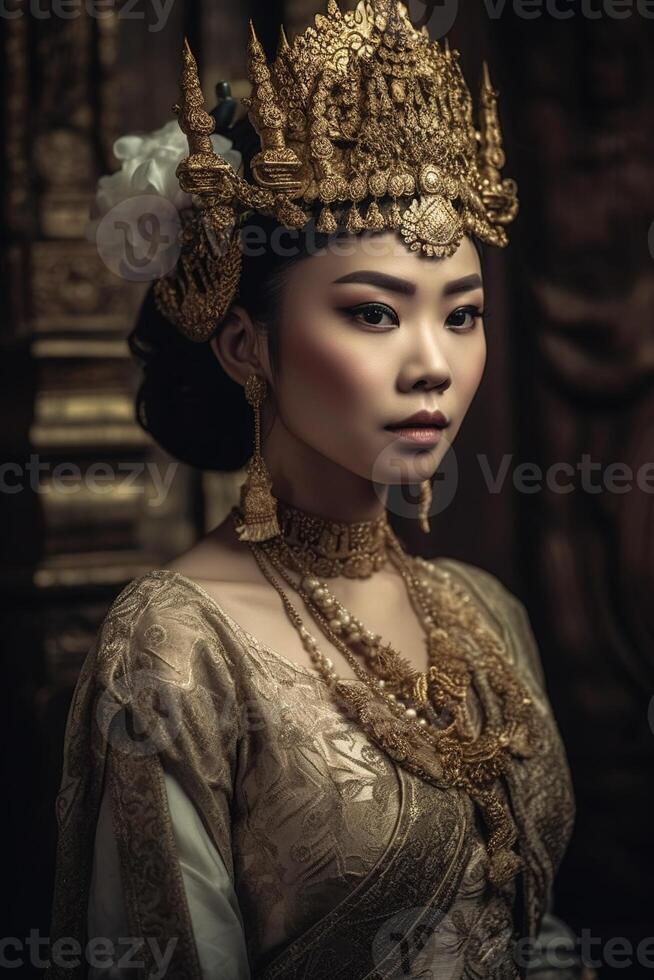 ai generado retrato de asiático mujer en un dorado túnica foto