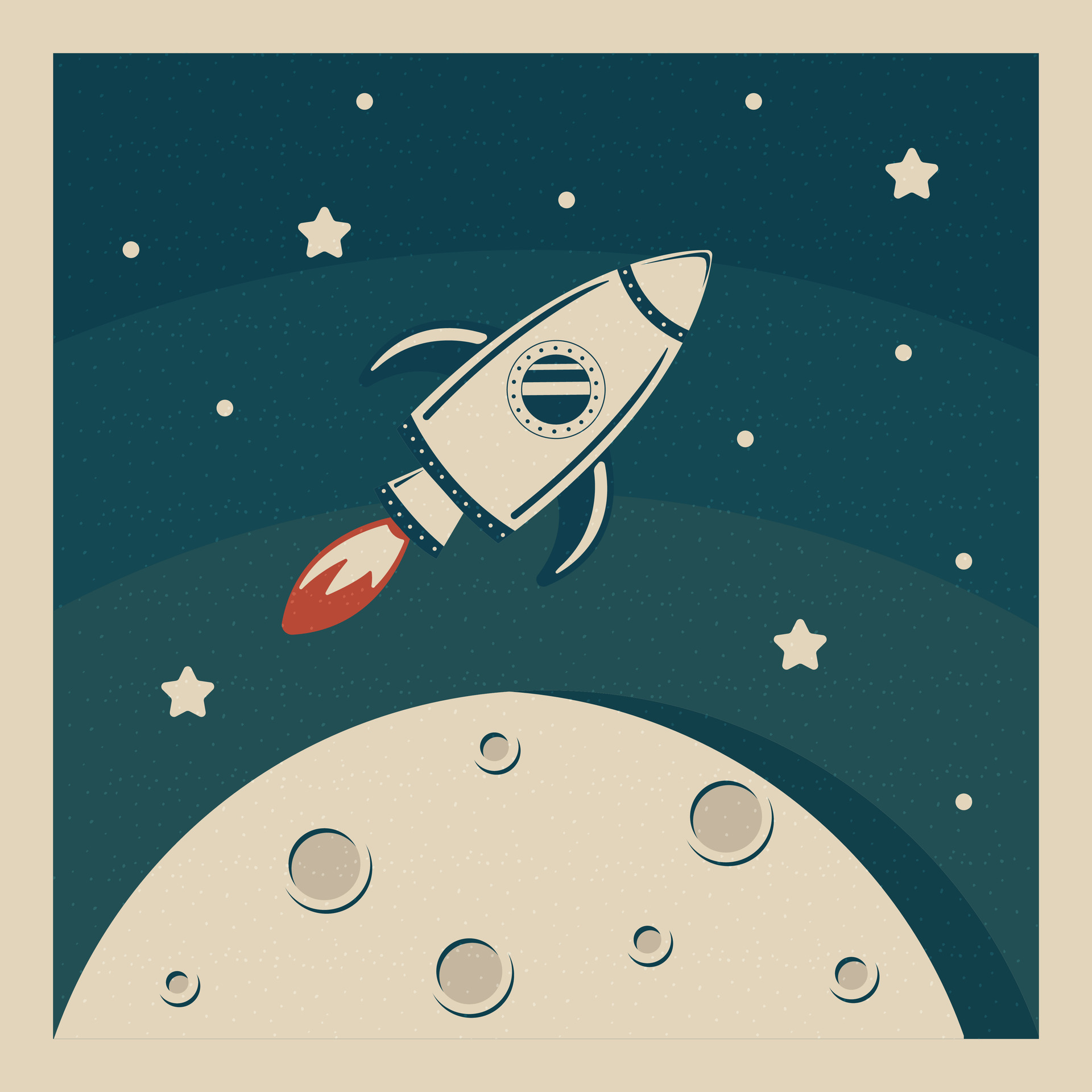 Vector Retro Illustration Spaceship Flight To The Moon Vintage Texture vector-retro-illustration-spaceship-flight-to-the-moon-vintage-texture