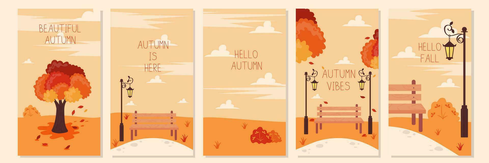 Vector Set of Autumn Landscapes Vertical Templates Backgrounds Park Bench Street Lights and Autumn Trees