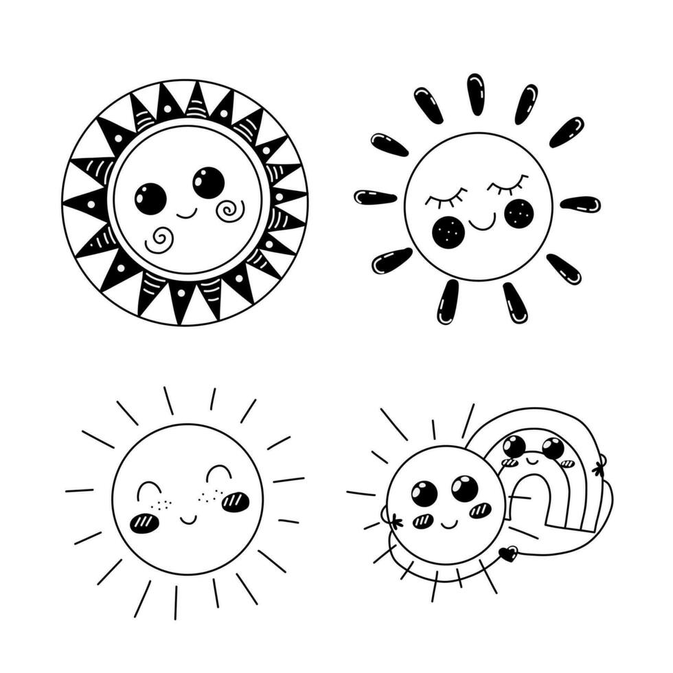 Set of Doodles Cute Smiling Suns Vector Illustration