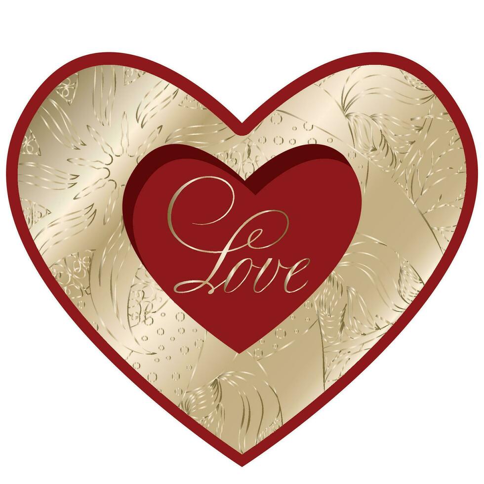 Saint Valentines day ornamental hearts in vector.  Vintage greeting card red and gold vector