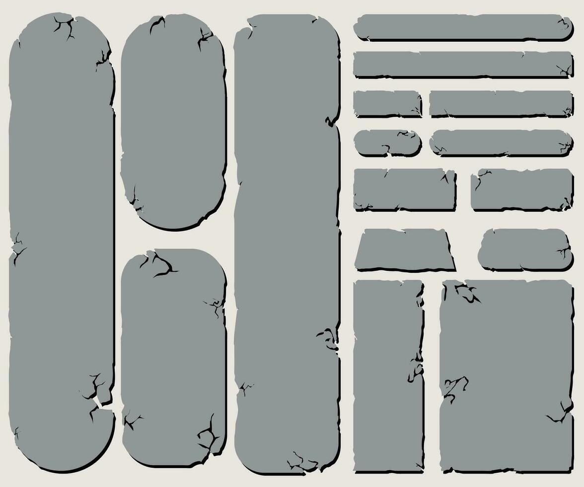conjunto de sencillo Roca tableta, rock bandera con agrietado elementos en dibujos animados estilo aislado. gris marco, bloquear roca para interfaz ui juegos. vector
