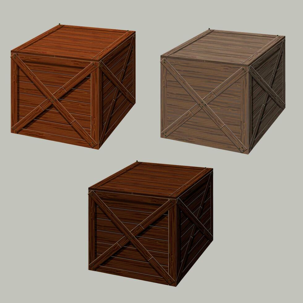Realistic wooden box 3d in vector. Object for games in high quality. Isolated on background. vector