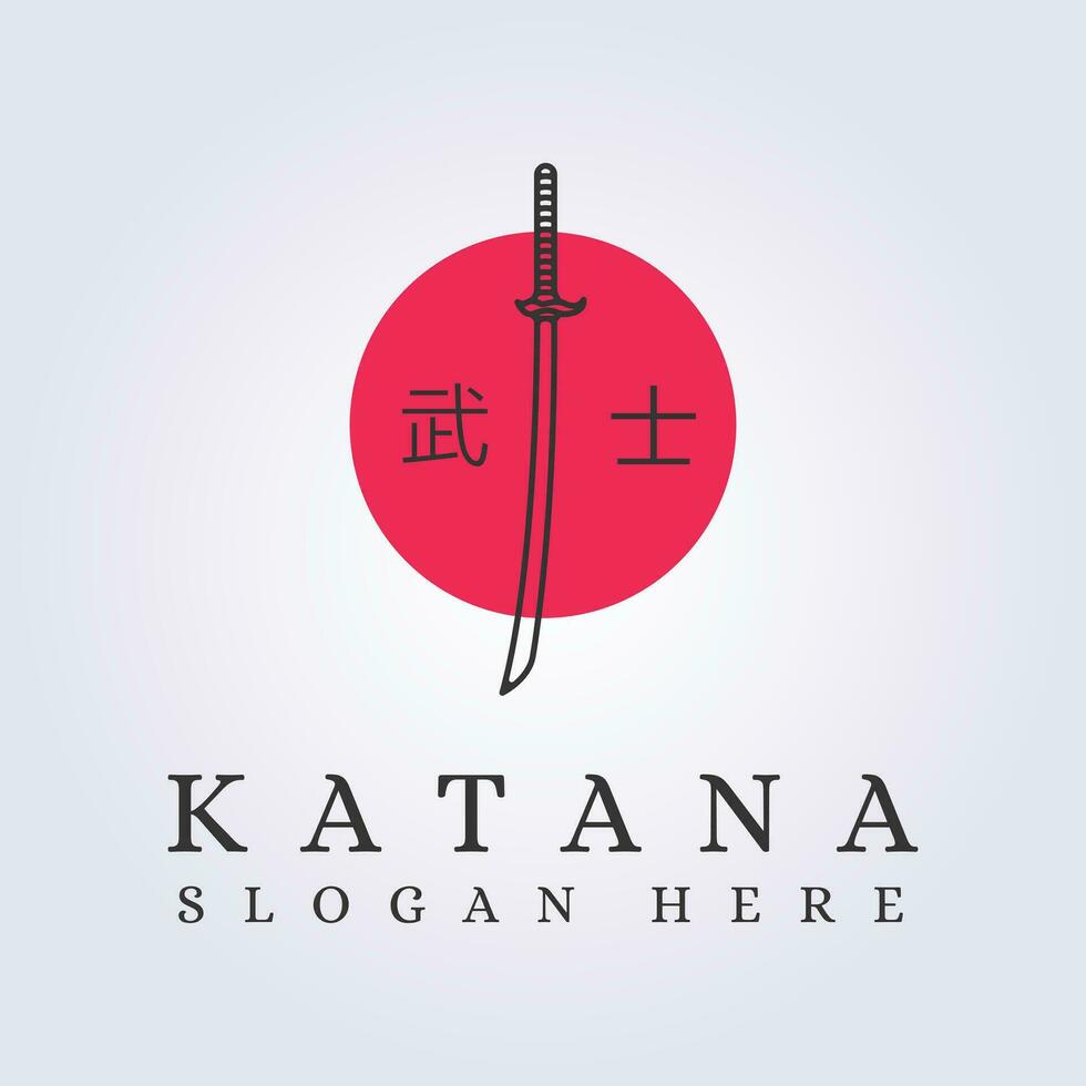 Samurai katana sword and sun background logo vector label symbol design