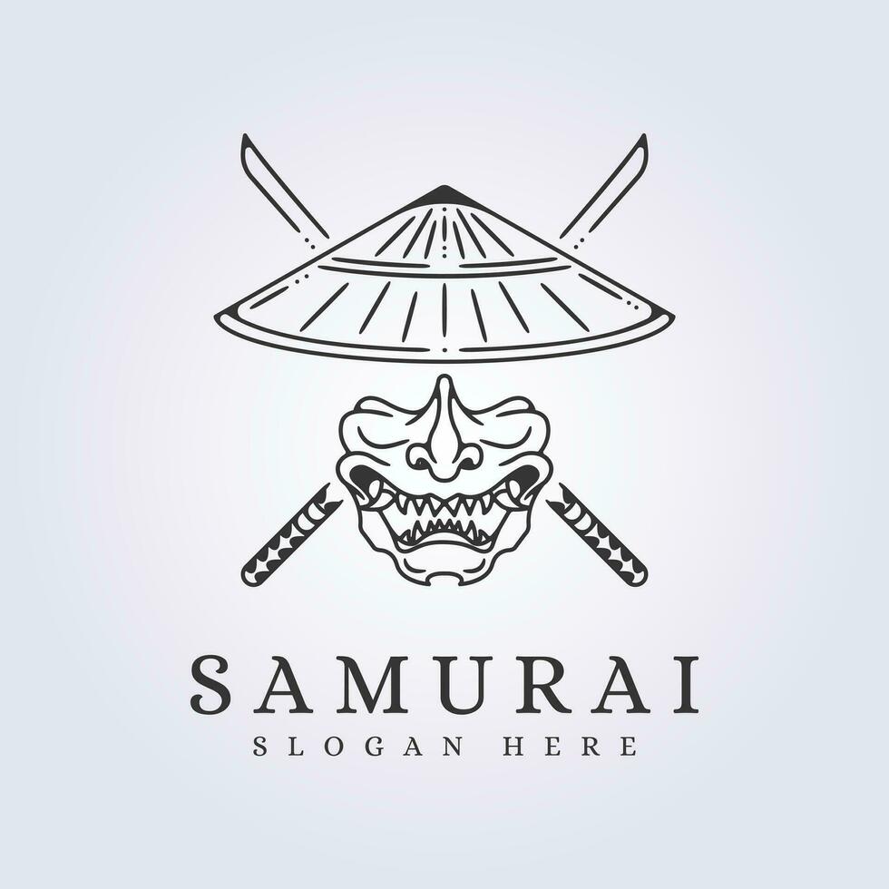 japanese samurai wear mask and cone hat for logo symbol line art icon vector illustration design