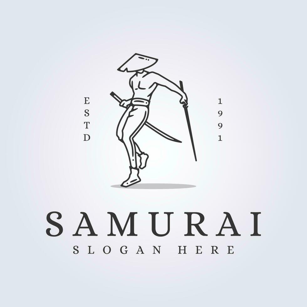 samurai with 2 katana wear conical hat for logo vector illustration design