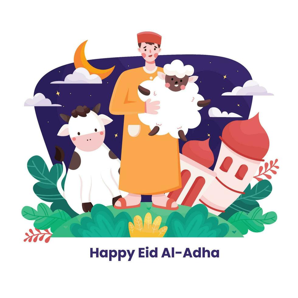 Cute Eid Al Adha Illustration with Cow and Sheep vector