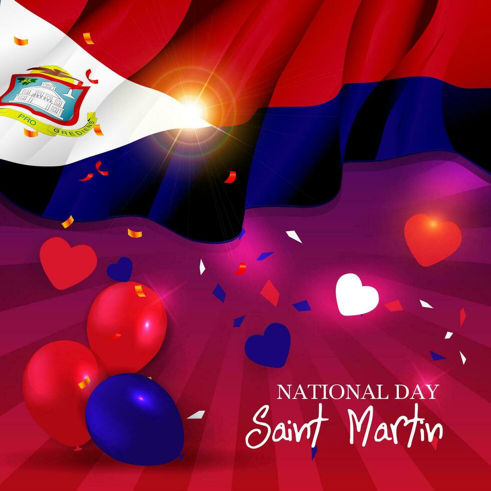 Saint Martin National Day greeting banner with waving national flag background vector
