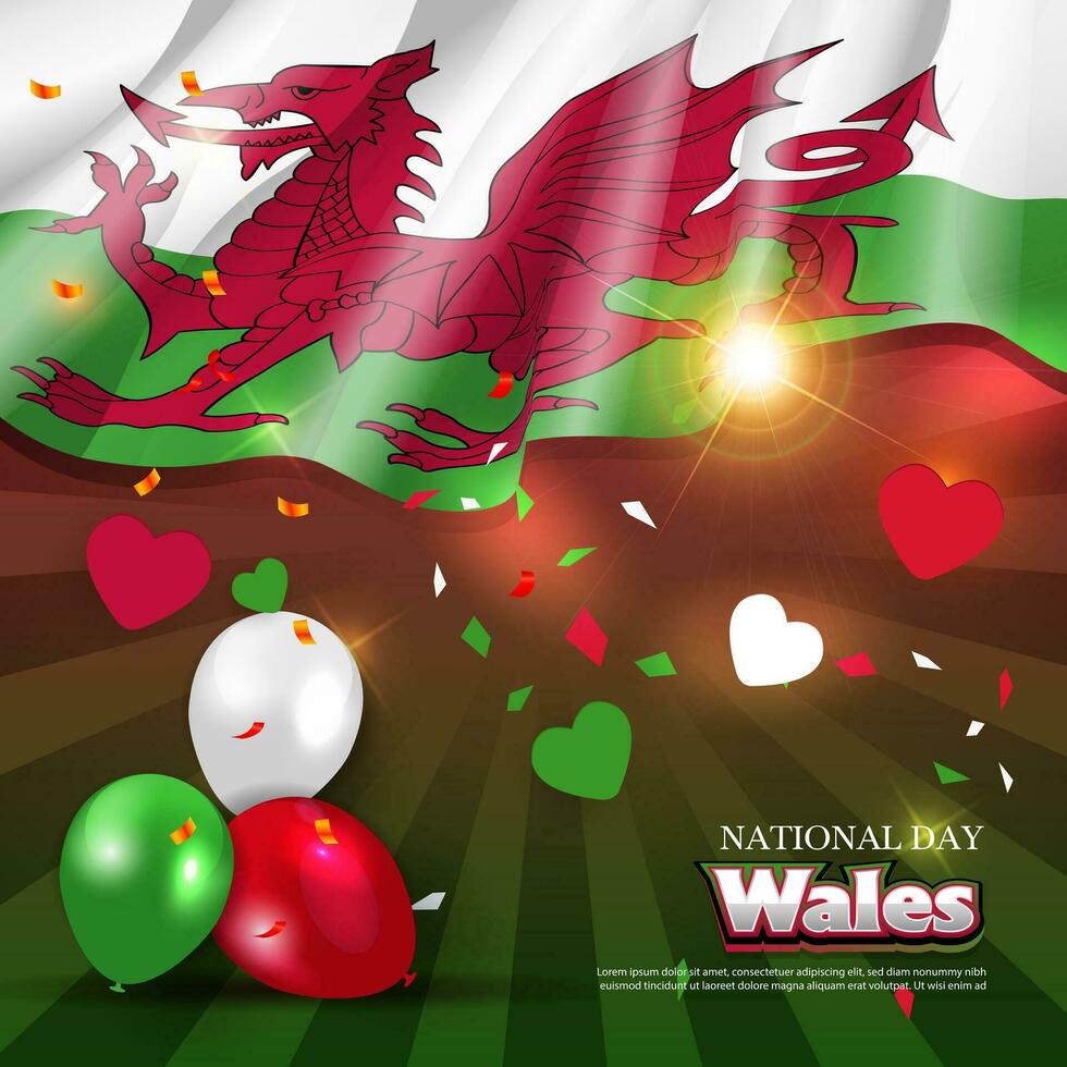 Wales National Day greeting banner with waving national flag background vector