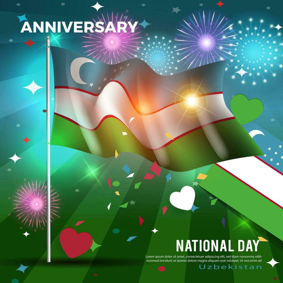 Uzbekistan National Day greeting banner with waving national flag background vector
