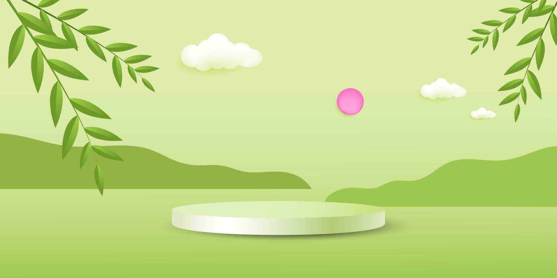 3d podium showcase with nature landscape background vector