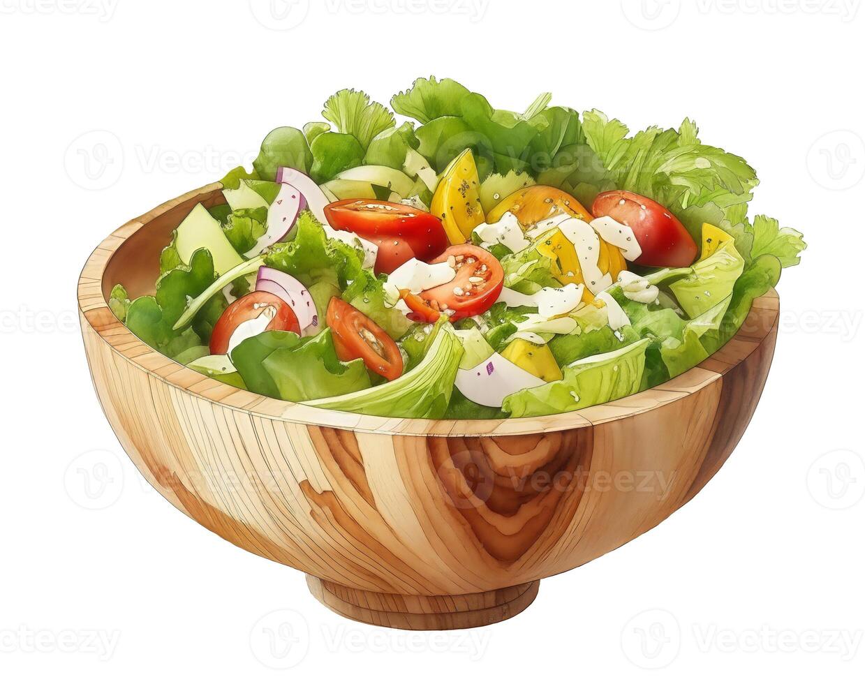 Watercolor illustration vegetable salad in a wood bowl , created with generative AI photo