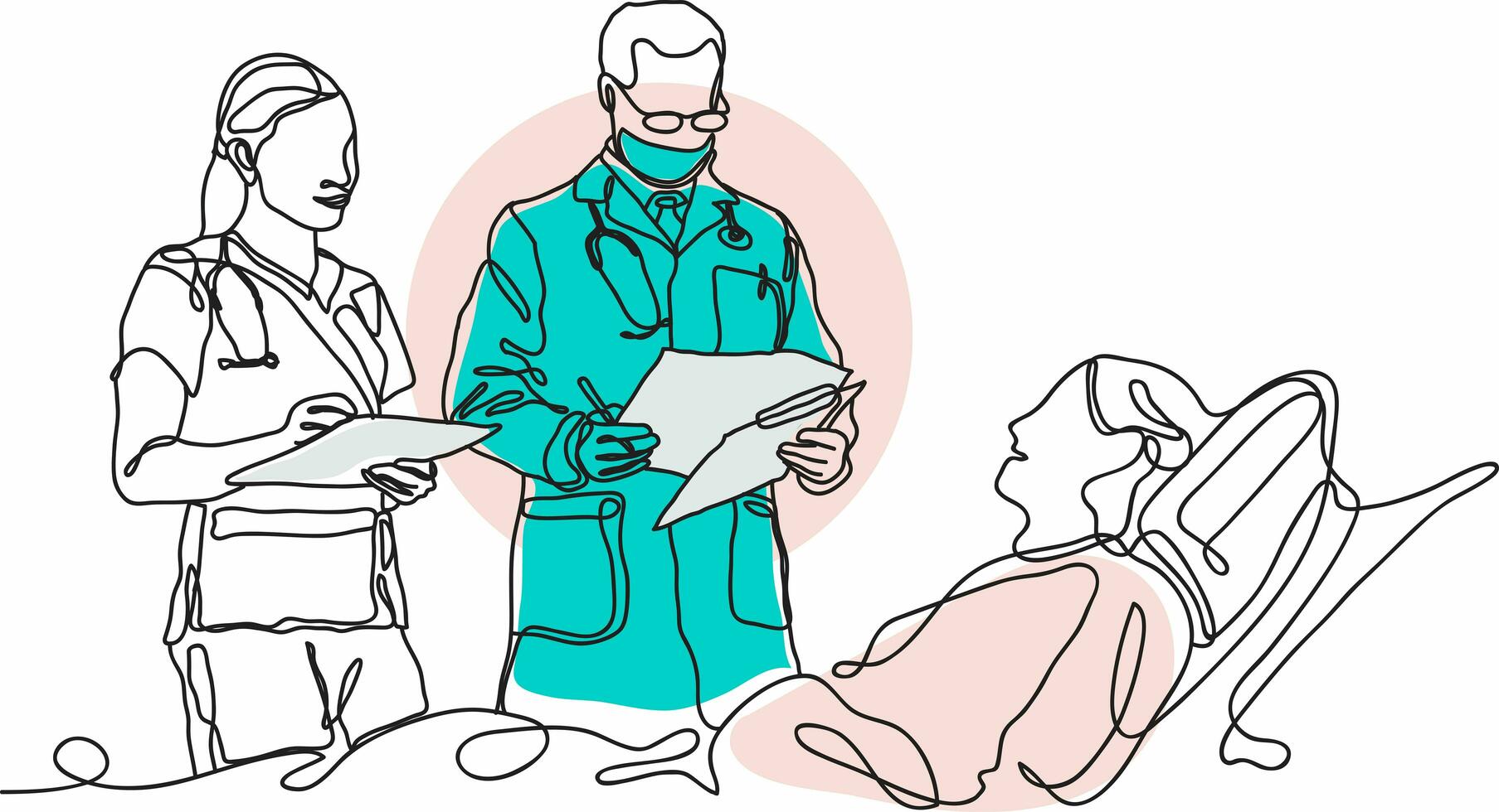 Continuous line drawing of doctors and patient dialog. photo