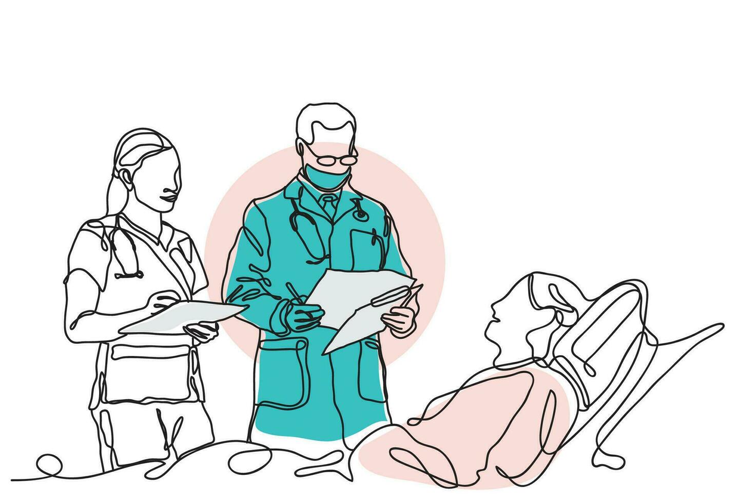 Continuous line drawing of doctors and patient dialog. vector