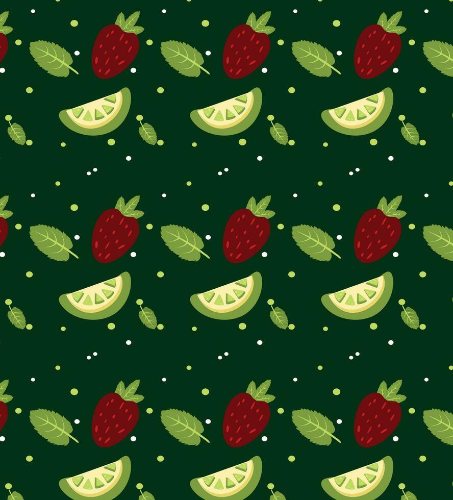 strawberry, lemon, pattern, print, green vector