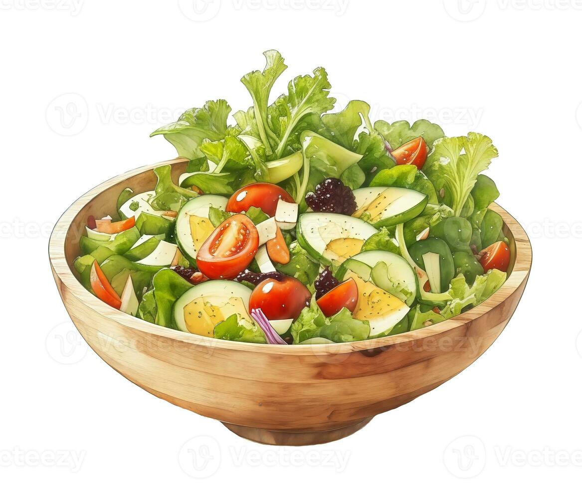 Watercolor illustration vegetable salad in a wood bowl , created with generative AI photo