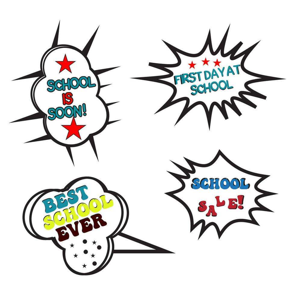 Back to School in comic speech bubbles, pop art style. Education concept. Comic dialog cloud, space cartoon. Set memphis school comic bubble halftone dot. Creative idea conversation explosion balloon vector