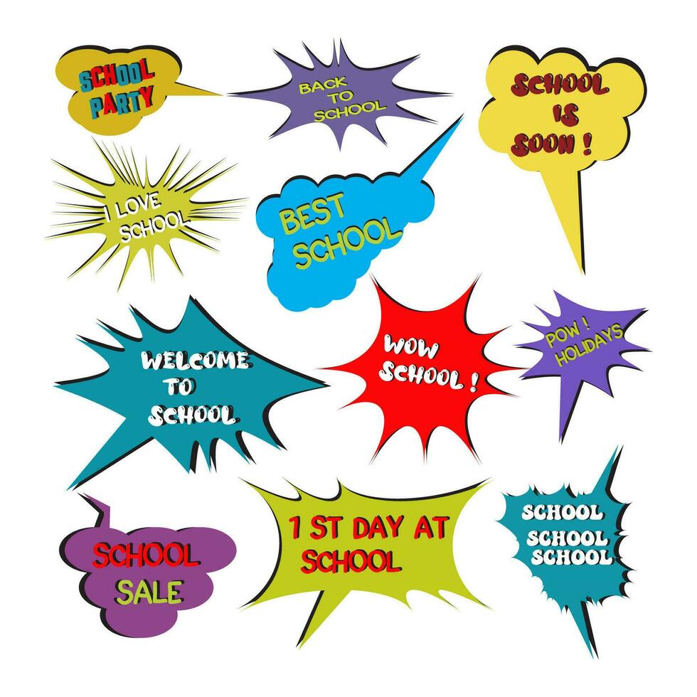 Back to School in comic speech bubbles, pop art style. Education concept. Comic dialog cloud, space cartoon. Set memphis school comic bubble halftone dot. Creative idea conversation explosion balloon vector