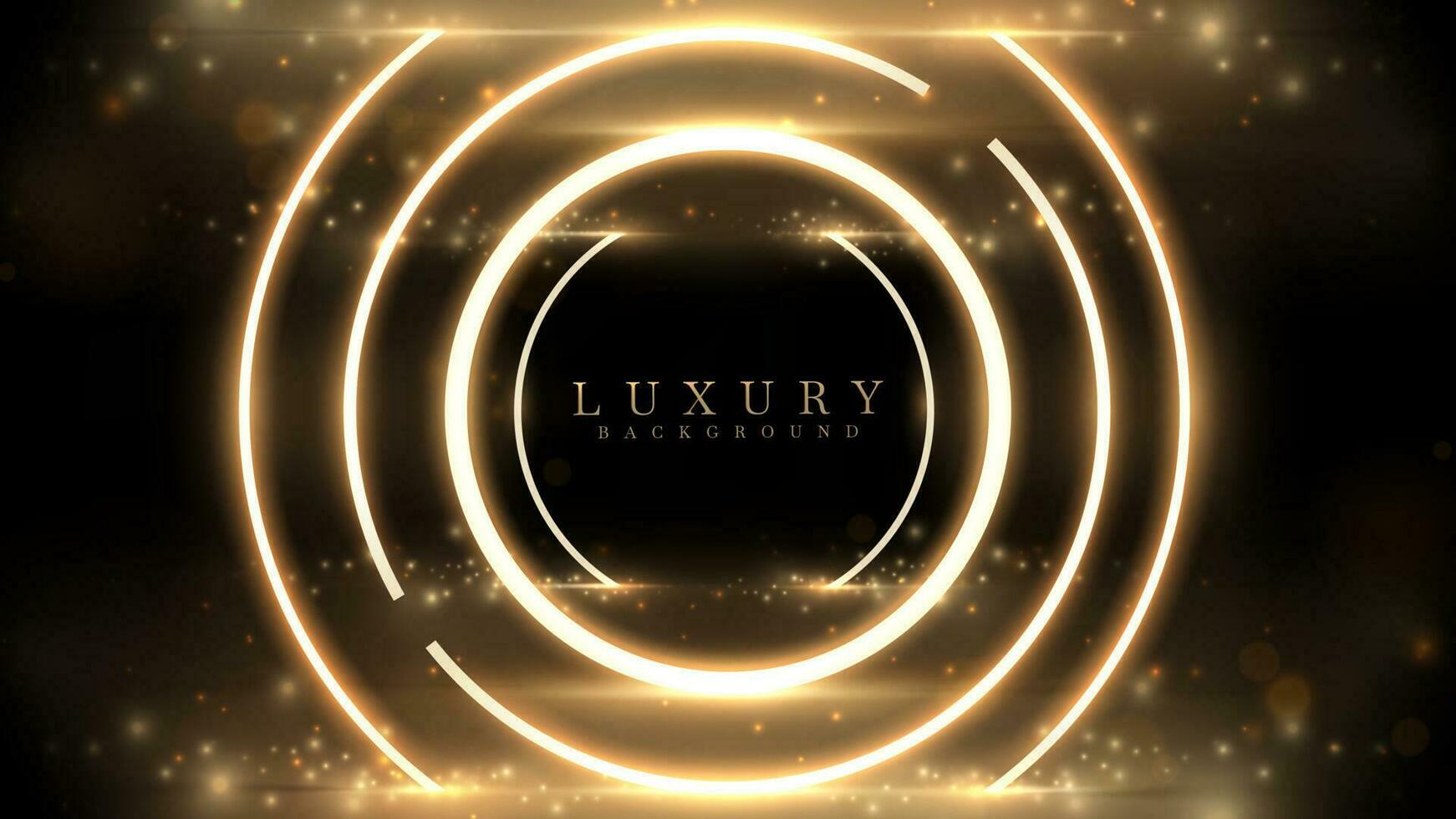 Circle shape neon light frame with golden light decoration and bokeh. 3D black luxury background. Vector Illustration.