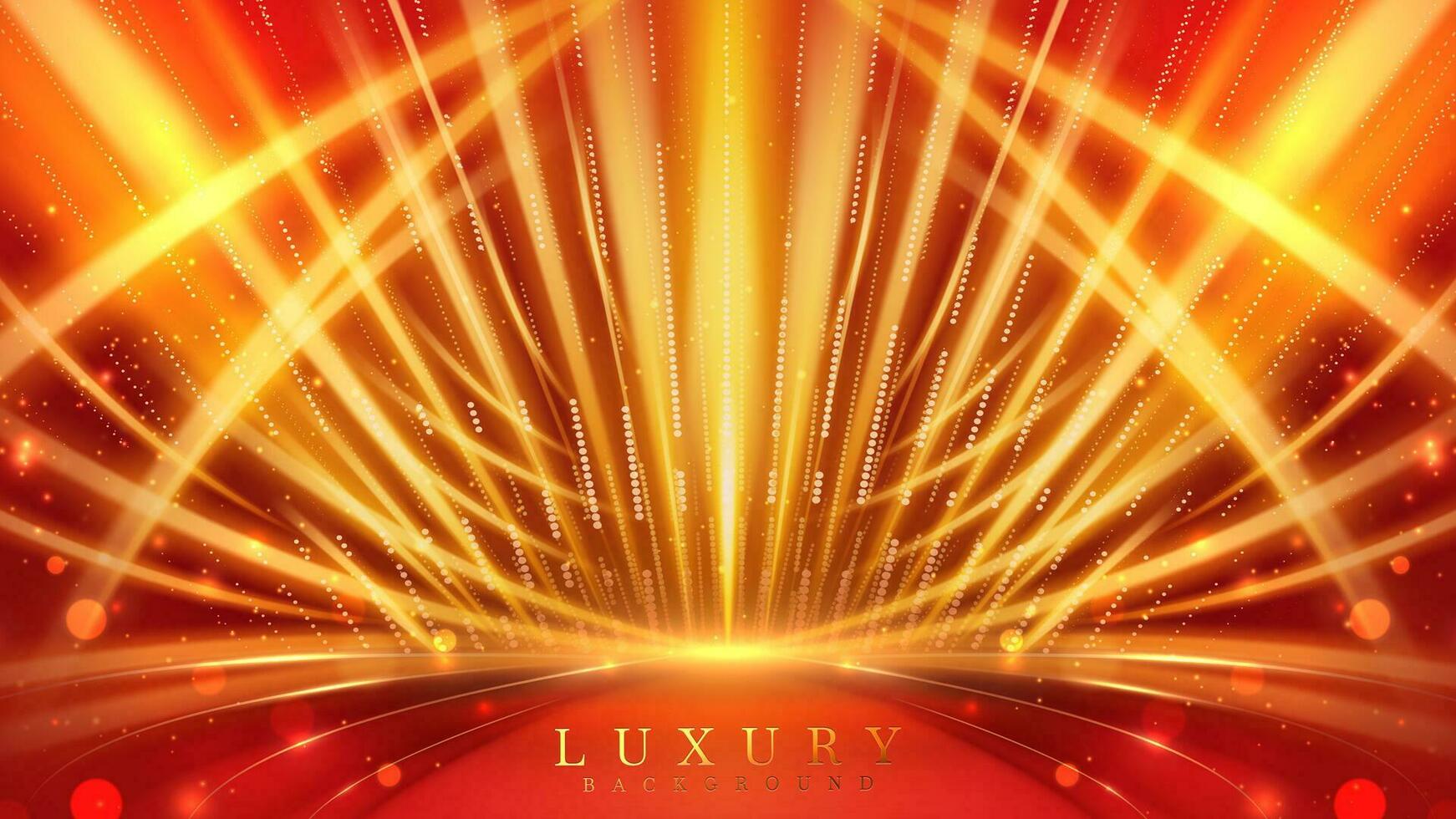 Elegant red background with gold light rays motion effects and bokeh decoration, Luxury scene design concepts. vector