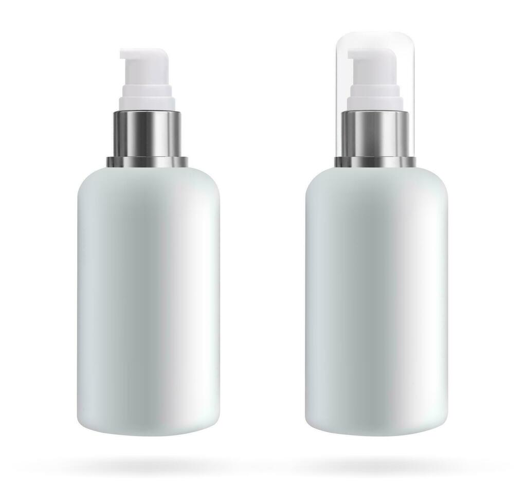 Cosmetic bottle with dispenser for soap and cosmetics. Mockup of packaging for liquids. Vector 3d illustration.