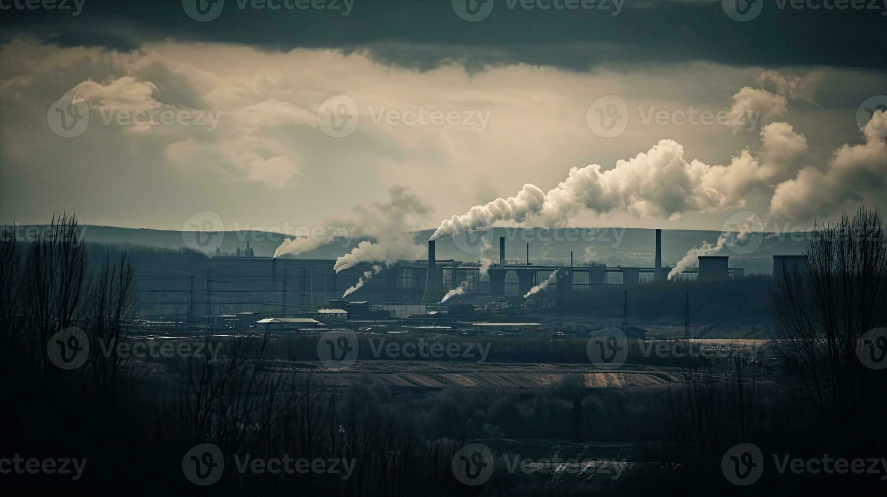 polluting factory background with lots of black smoke chimneys, production emissions, nature pollution theme photo