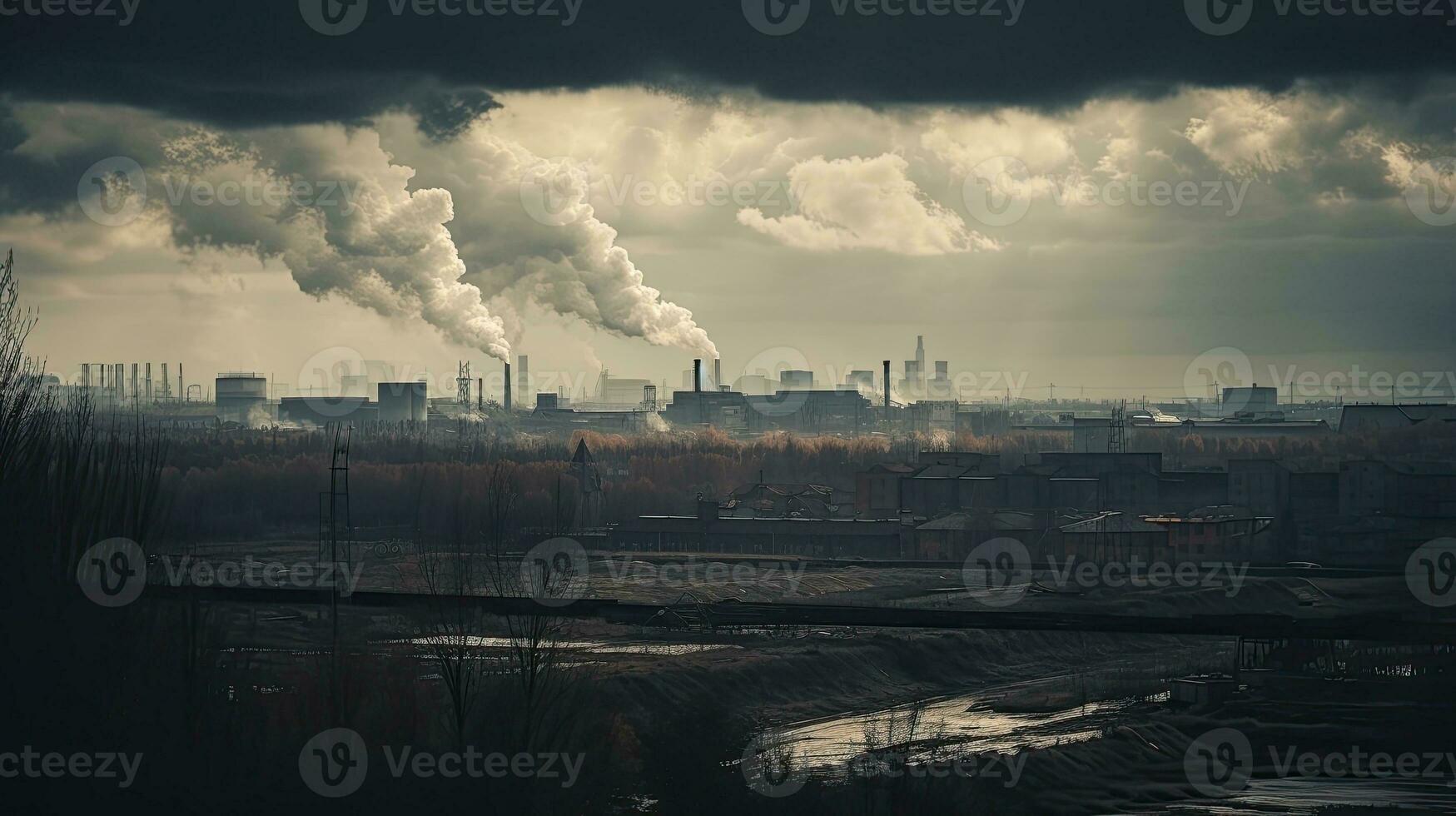 polluting factory background with lots of black smoke chimneys, production emissions, nature pollution theme photo