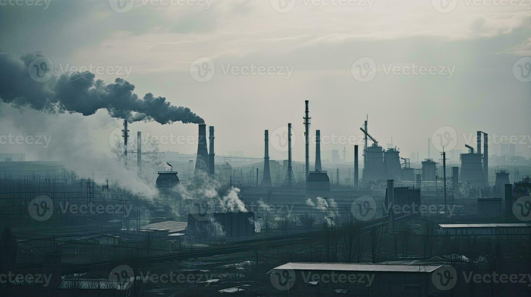 contaminador fábrica antecedentes con un montón de negro fumar chimeneas, producción emisiones, naturaleza contaminación tema foto