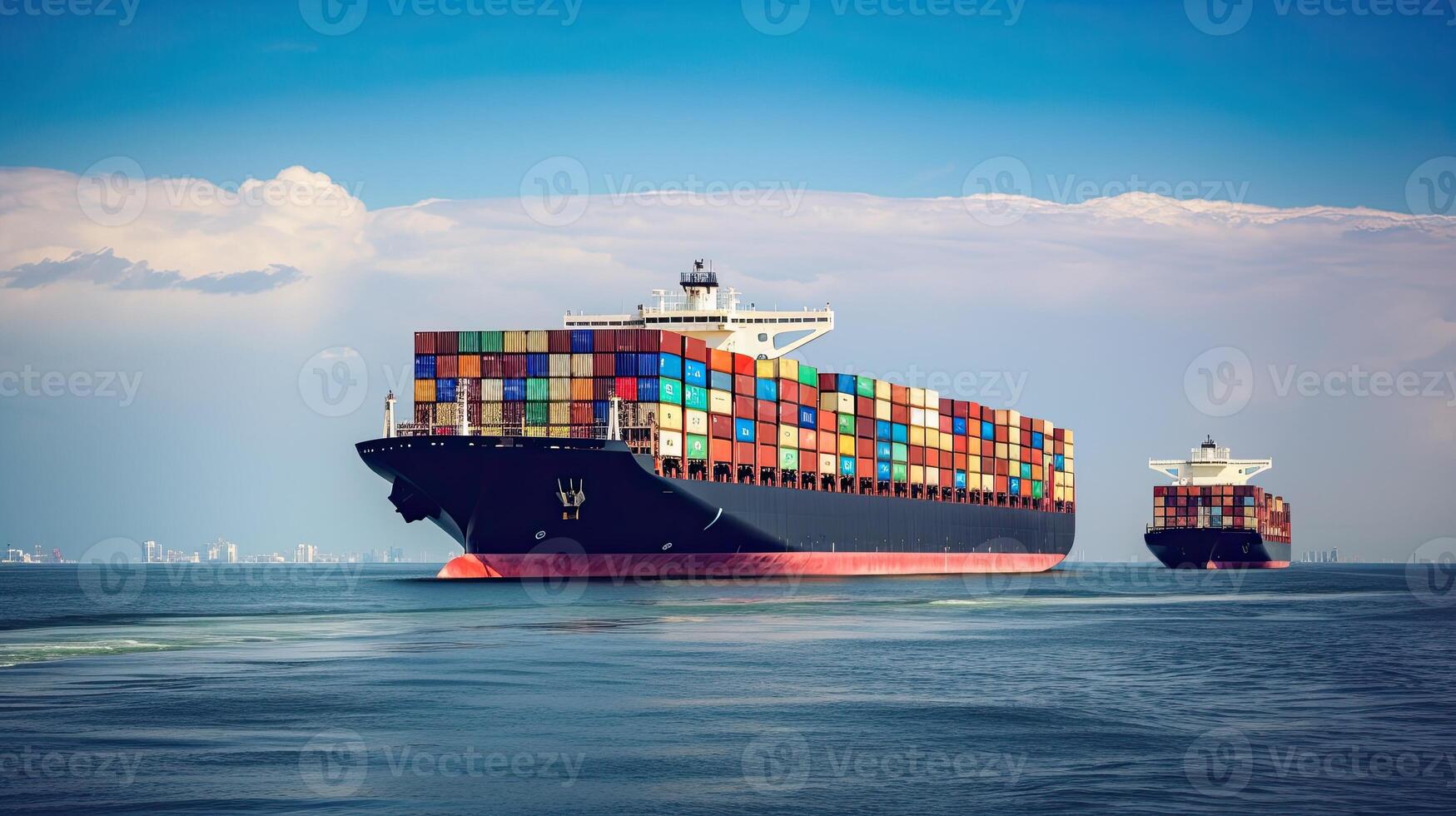 Container ship on the background of the port, carrying colorful containers. photo