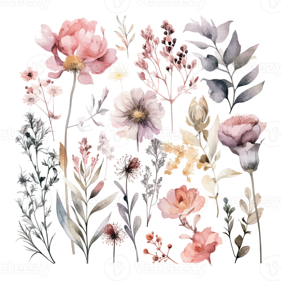 Set of watercolor flowers leaves and twigs on a white background png