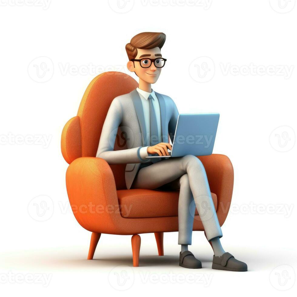 3D illustration of businessman with laptop, businessman working in office Cartoon character. 3d rendering. 3d illustration. ai generation photo