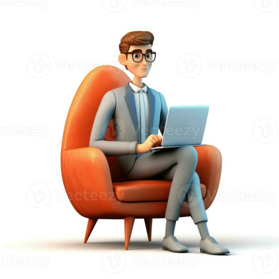 3D illustration of businessman with laptop, businessman working in office Cartoon character. 3d rendering. 3d illustration. ai generation photo
