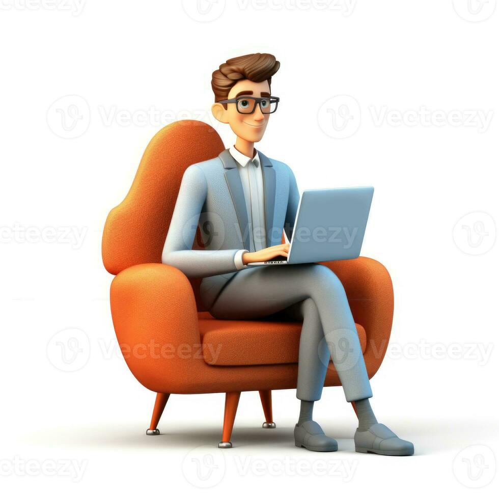 3D illustration of businessman with laptop, businessman working in office Cartoon character. 3d rendering. 3d illustration. ai generation photo