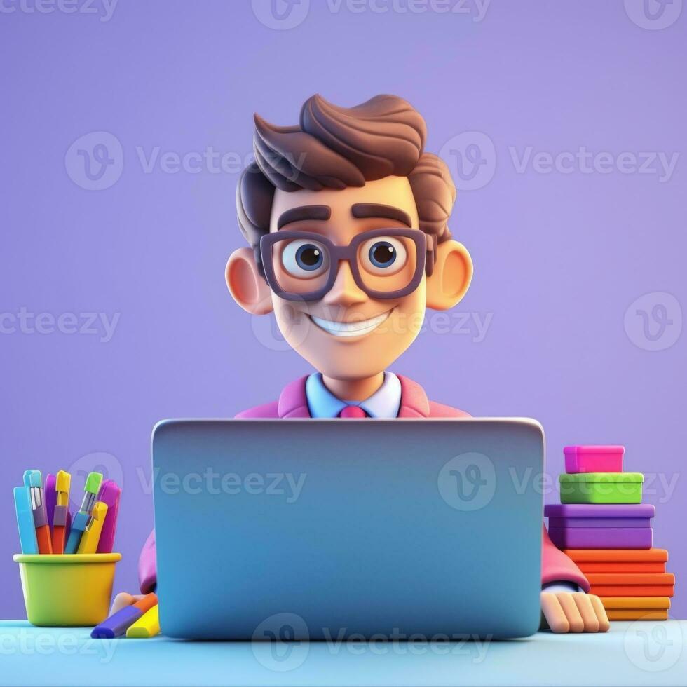 3D illustration of businessman with laptop, businessman working in office Cartoon character. 3d rendering. 3d illustration. ai generation photo