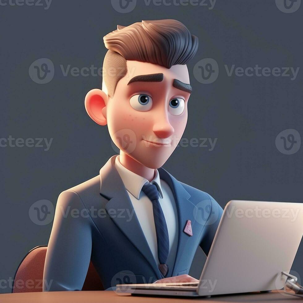 3D illustration of businessman with laptop, businessman working in office Cartoon character. 3d rendering. 3d illustration. ai generation photo