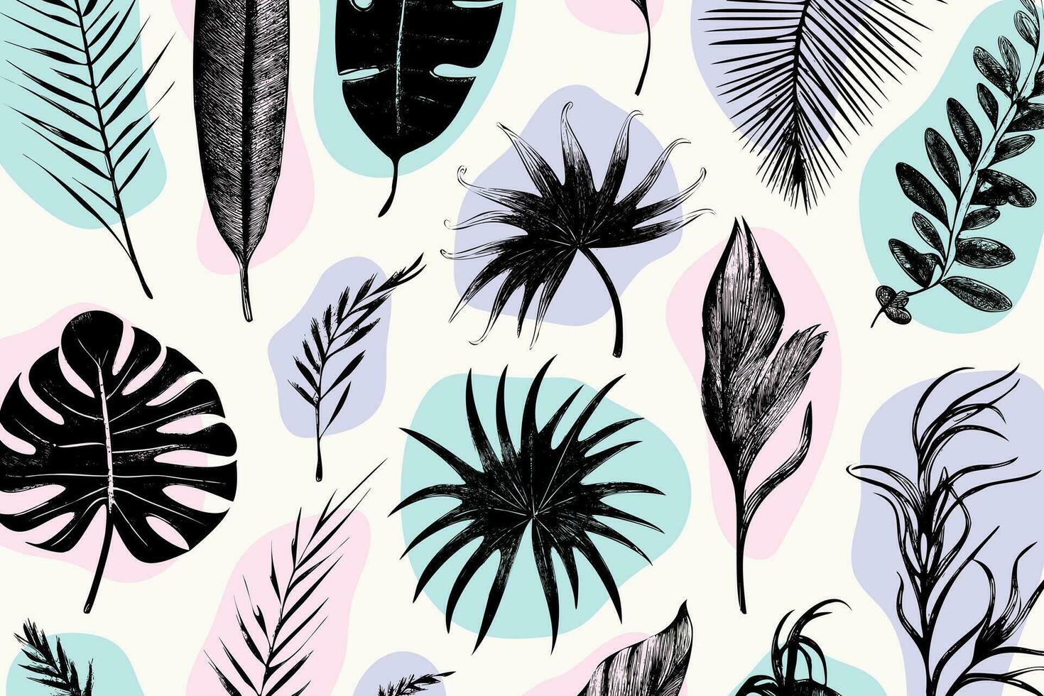 illustration set of tropical plants and leaves, hand drawn style, outline sketch. vector