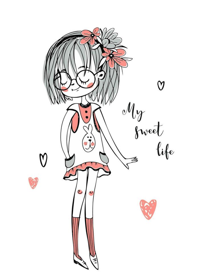 Stylish fashionable girl with glasses. My sweet life. Vector illustration.