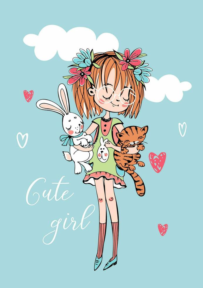 Cute girl with a cat and a bunny. Vector illustration.