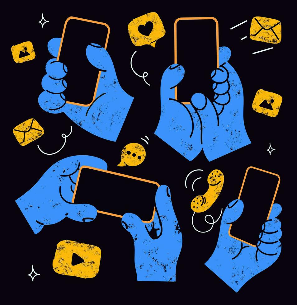 hands holding mobile phones with social media icons. vector