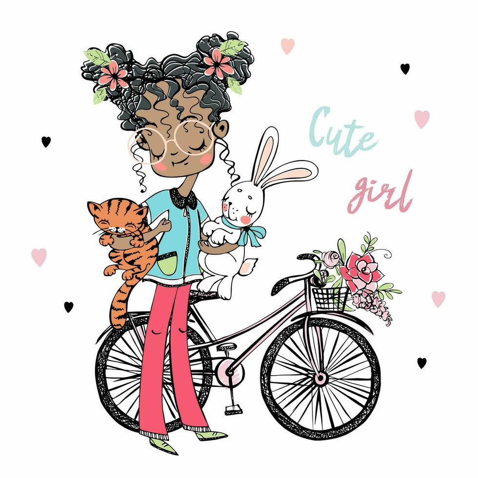 un bonito fashionista es un de piel oscura niña con un gato y un conejito, un bicicleta. vector. vector