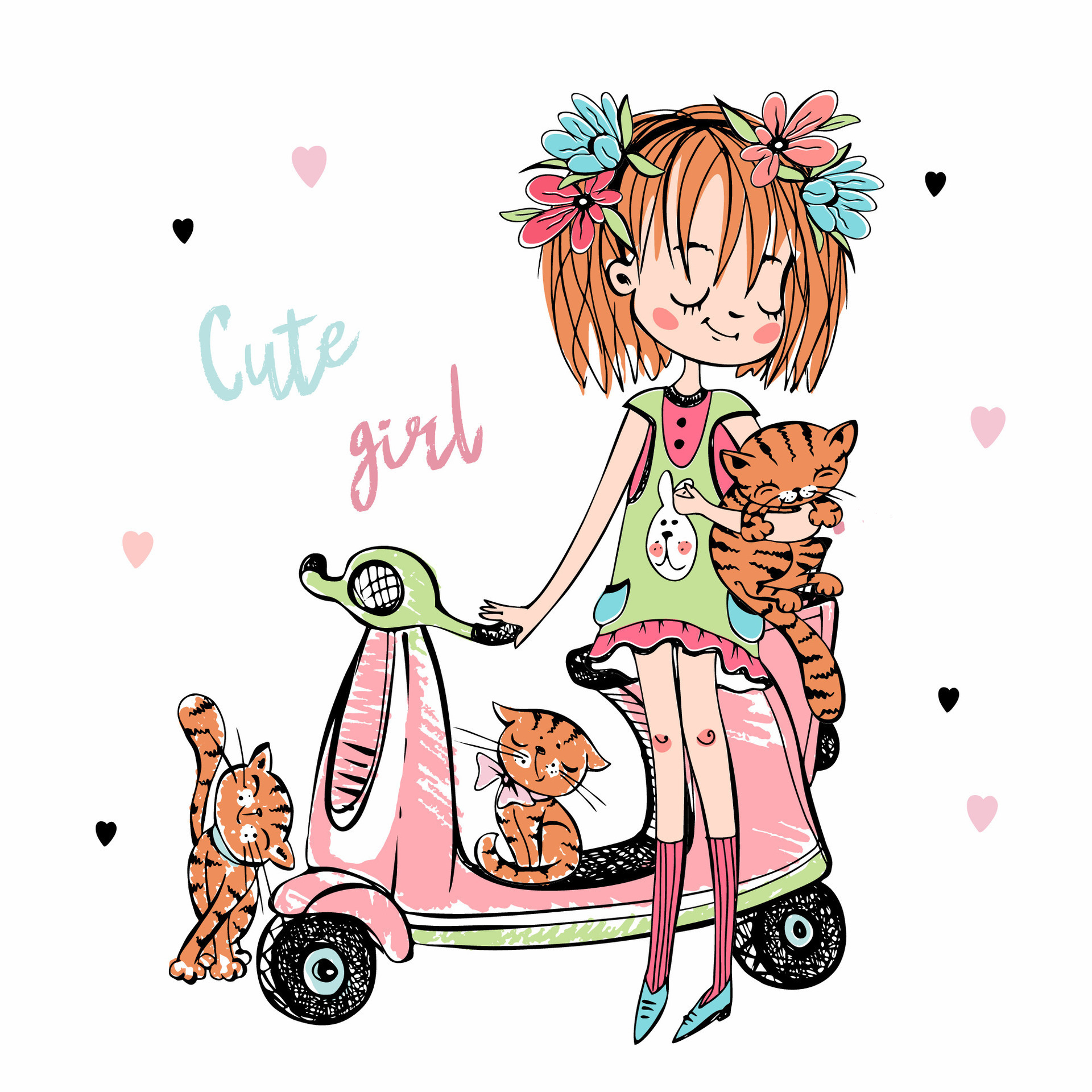 Cute girl with cats near her scooter. Vector illustration. 25776431