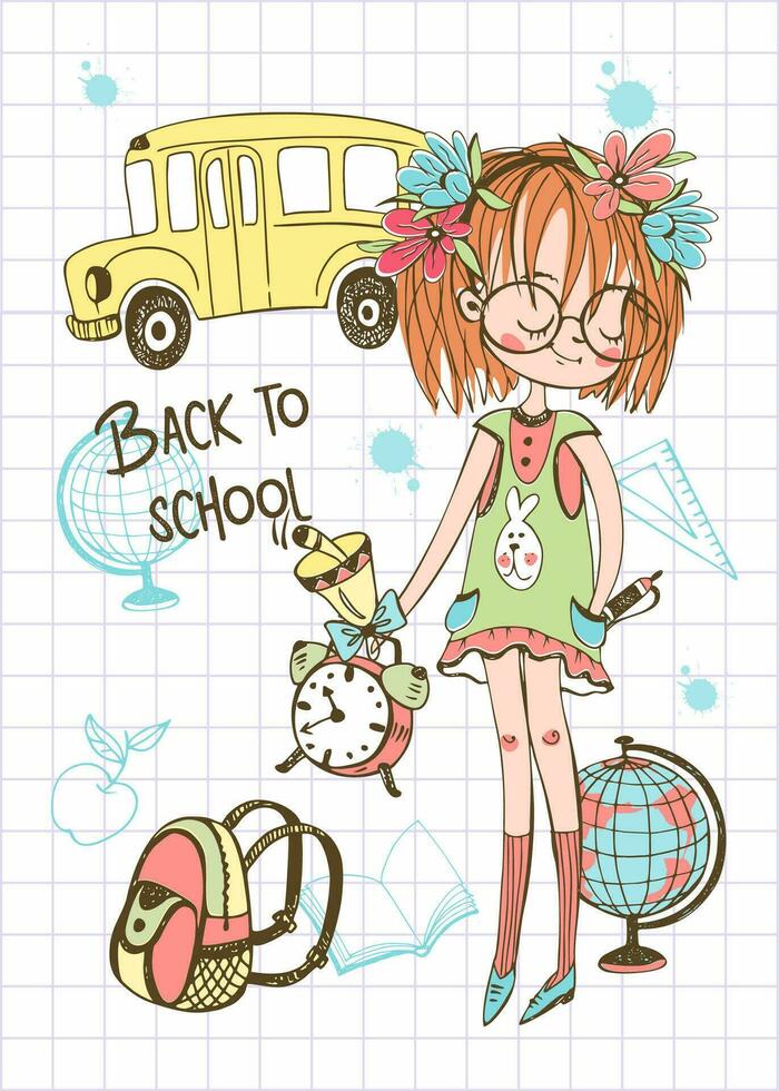 A pretty girl with a school backpack goes to school. Back to school. School bus. Vector