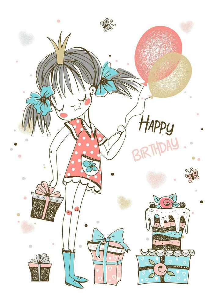A birthday card with a cute princess girl and gifts. Vector. vector