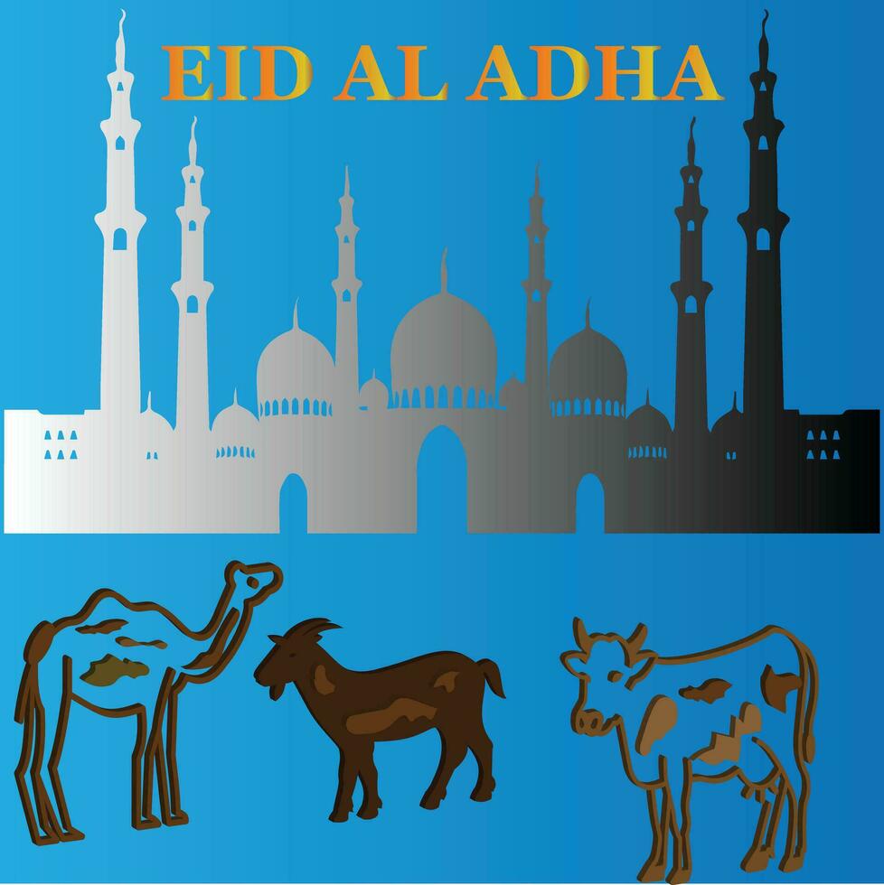 Eid al adha background with camel cow goat and mosque islamic background vector