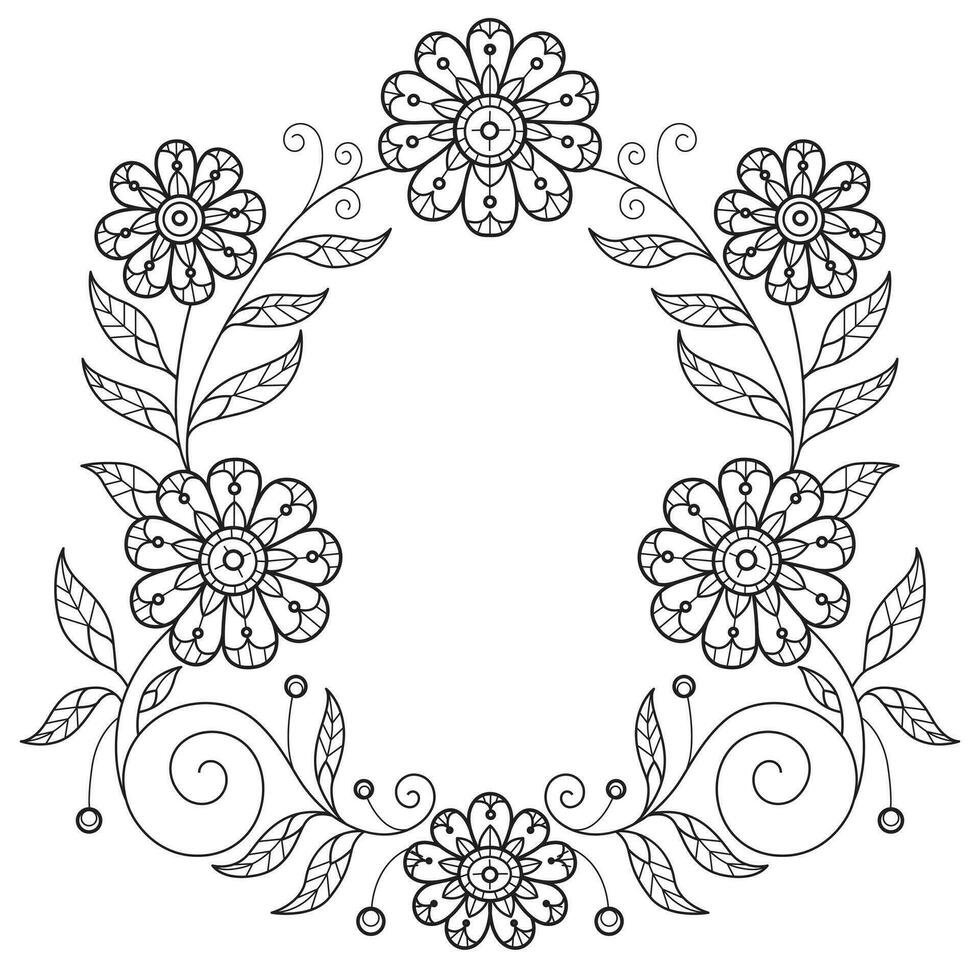 Blooming flowers wreath hand drawn for adult coloring book vector