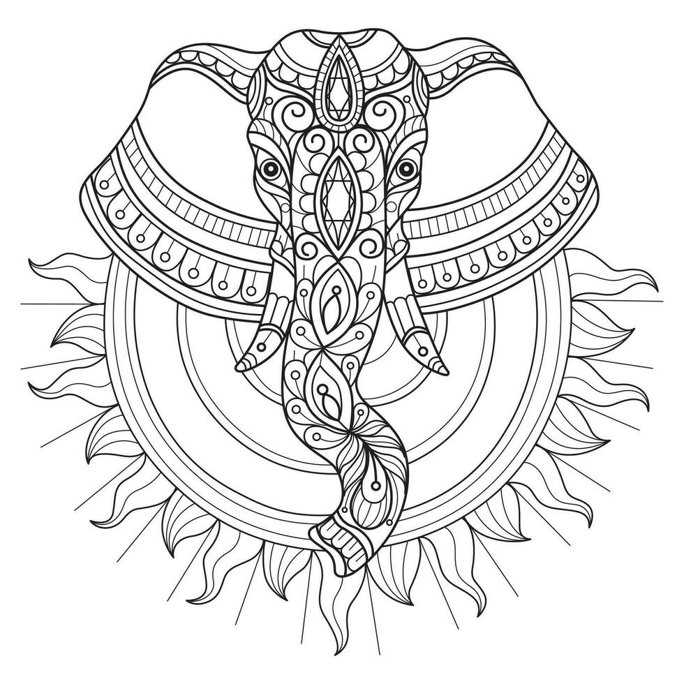 Sun and elephant hand drawn for adult coloring book vector