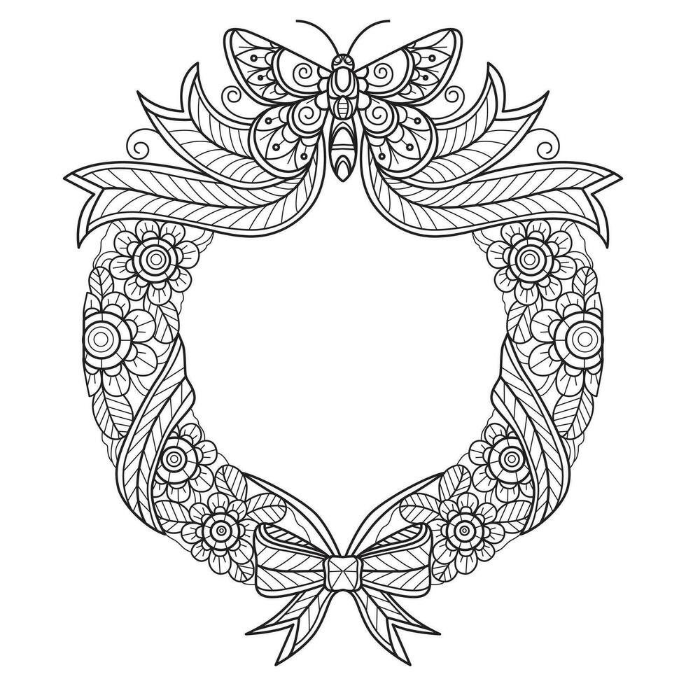 Wreath butterfly and flowers hand drawn for adult coloring book vector