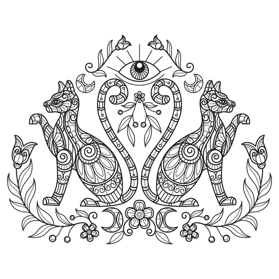 Cat and eyes hand drawn for adult coloring book vector