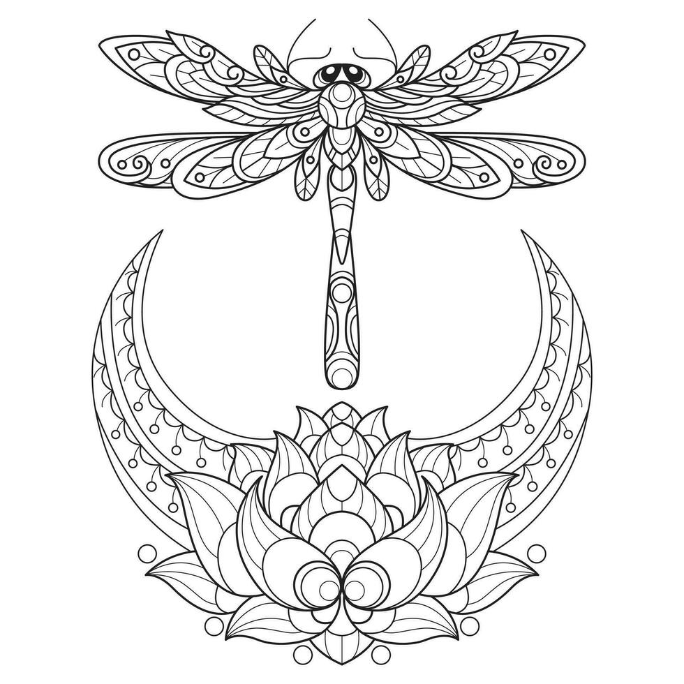 lotus moon and dragonfly hand drawn for adult coloring book vector